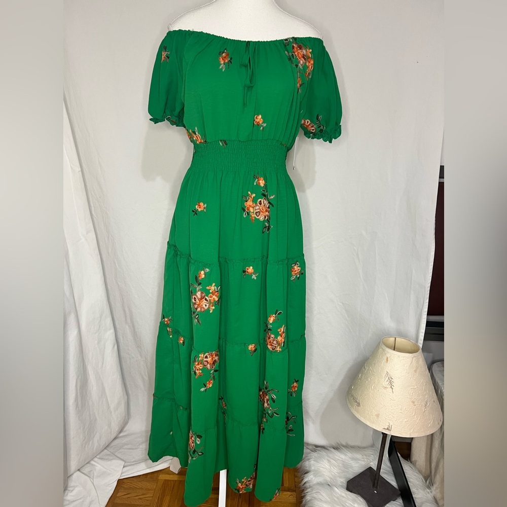 Kindred green off shoulder maxi dress with embroidered details.